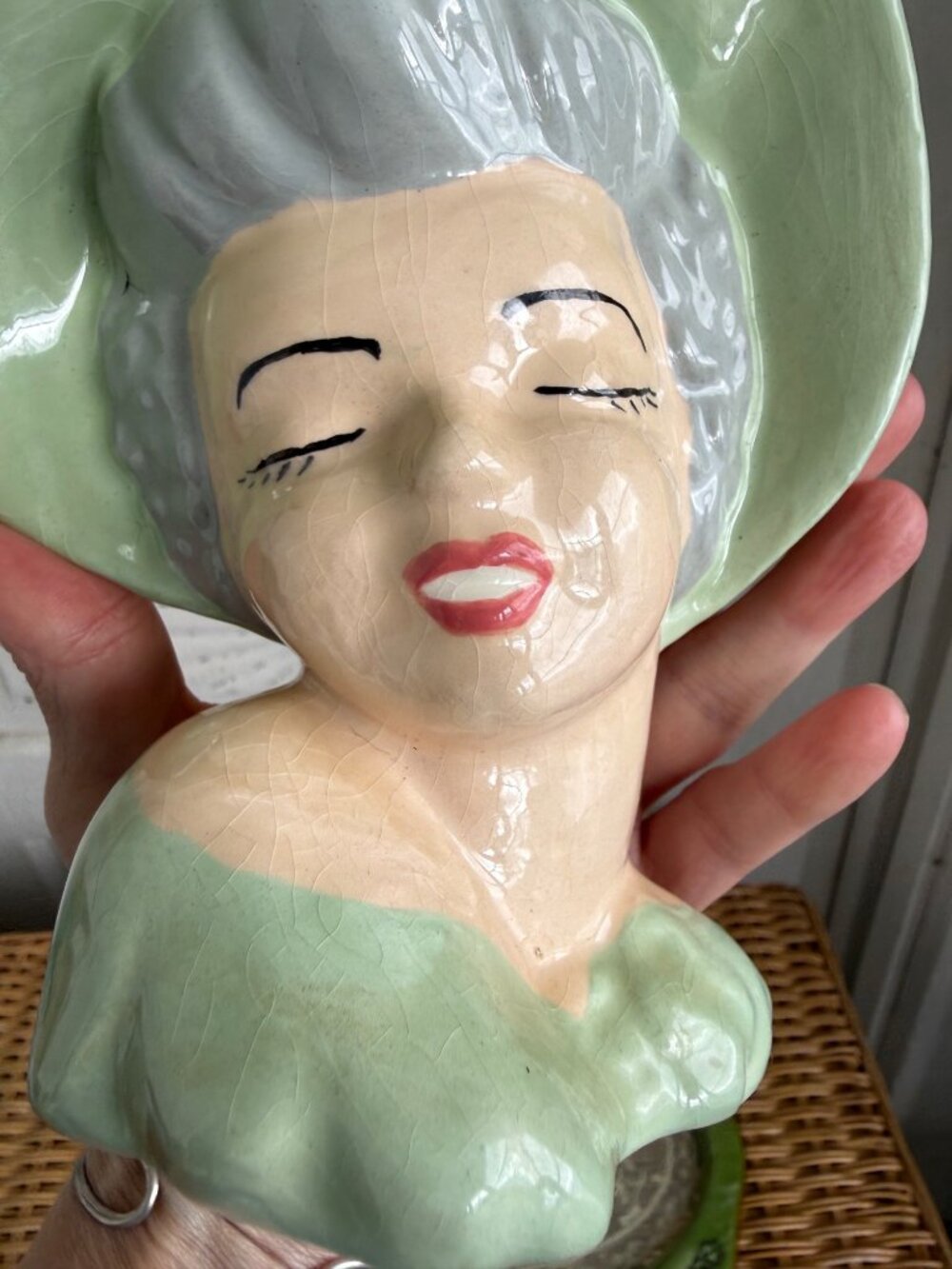 Vintage 1950s Glamour Girl Vase Head Planter Green Hat Retro MOD - Picture 9 of 13